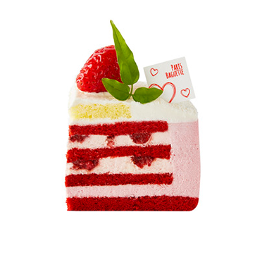 巴黎贝甜的草莓蛋糕细节展示，层次分明的蛋糕和新鲜草莓。