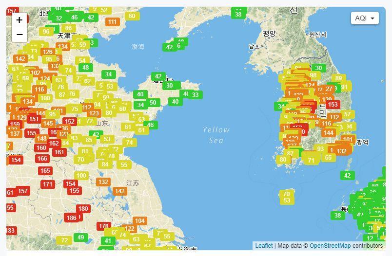 展示韓國境內空氣汙染的圖片,強調霧霾影響及空氣品質不佳的情況。