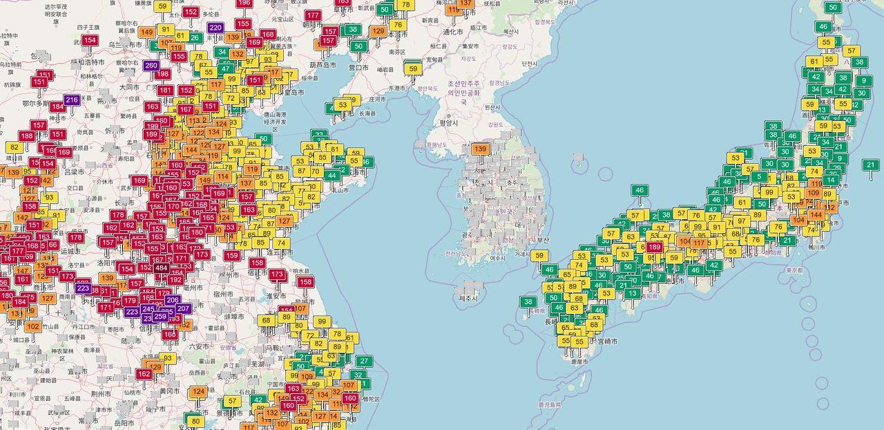 亞洲地區12月26日空氣質量報告，韓國首爾區域的空氣污染數據顯示中低水平，與鄰近國家地區相對比。