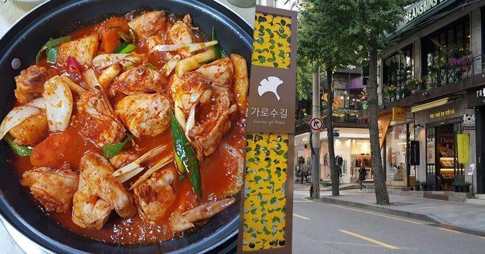 位於新沙洞的韓國美食街道，充滿活力的餐廳和綠意盎然的環境。