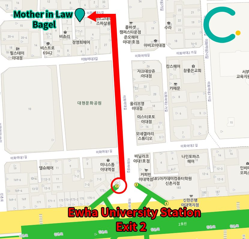 Ewha University газрын зураг, гарах чиглэл заасан бүсчлэл