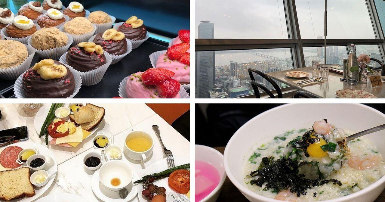 首爾早餐推薦的拼圖，展示了豐富多樣的早餐料理，包括松餅、蔬菜、粥品等，背景可見都市景觀。