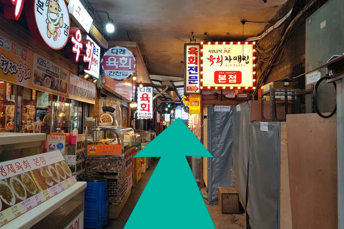 市場的小巷內景，明亮的標示牌引導大家穿越不同的小店，以找到合適的商品。