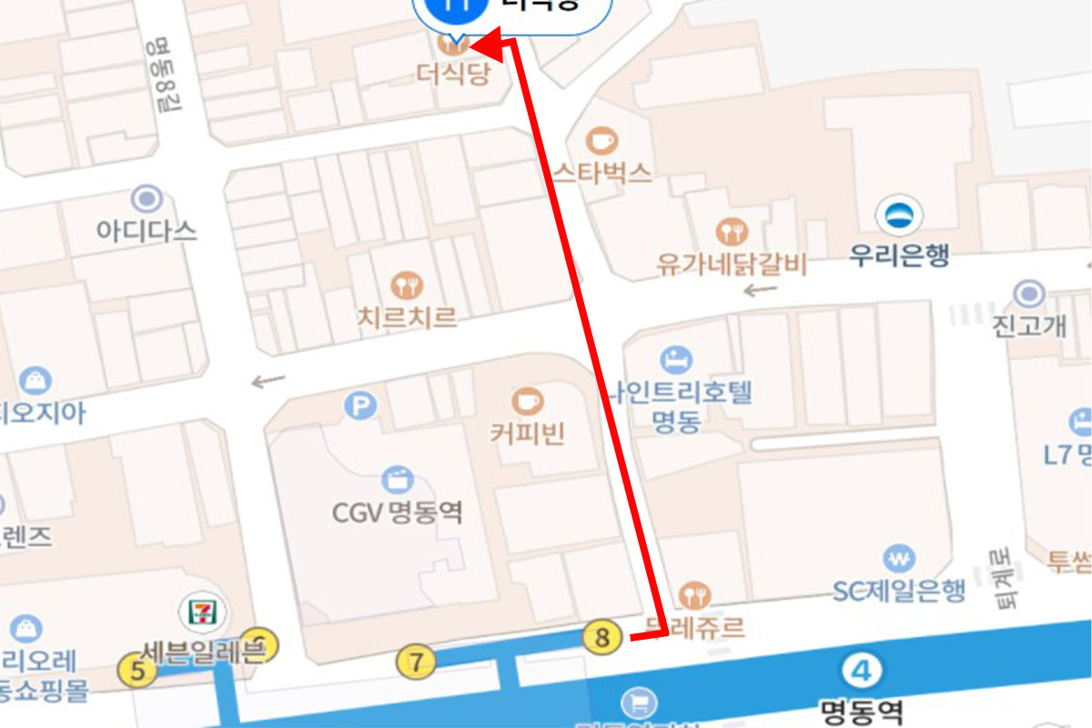 Bản đồ hướng dẫn đến nhà hàng The Sic-Ddang ở Myeongdong, Seoul, với chỉ dẫn chi tiết từ trạm Myeongdong.