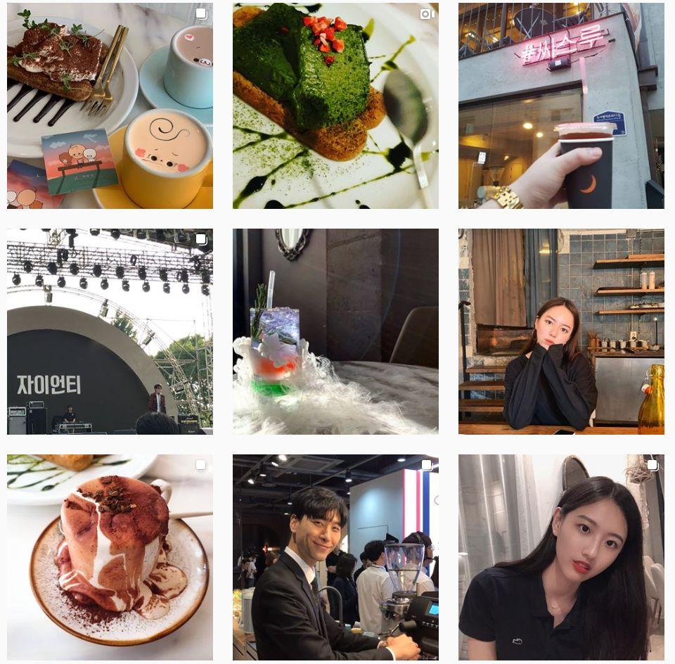 이태원 씨스루 카페에서 다양한 라떼 아트가 그려진 커피 드링크들