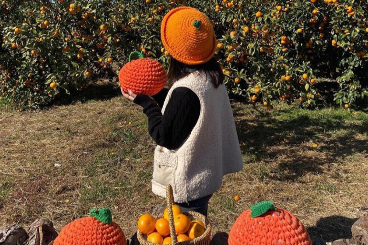 A girl wearing a knit orange hat while holding a knitted orange.