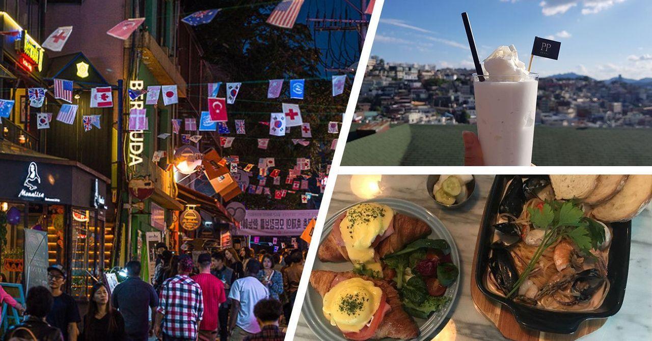 梨泰院街頭夜景與人氣餐廳，展示吸引人的韓國夜生活。