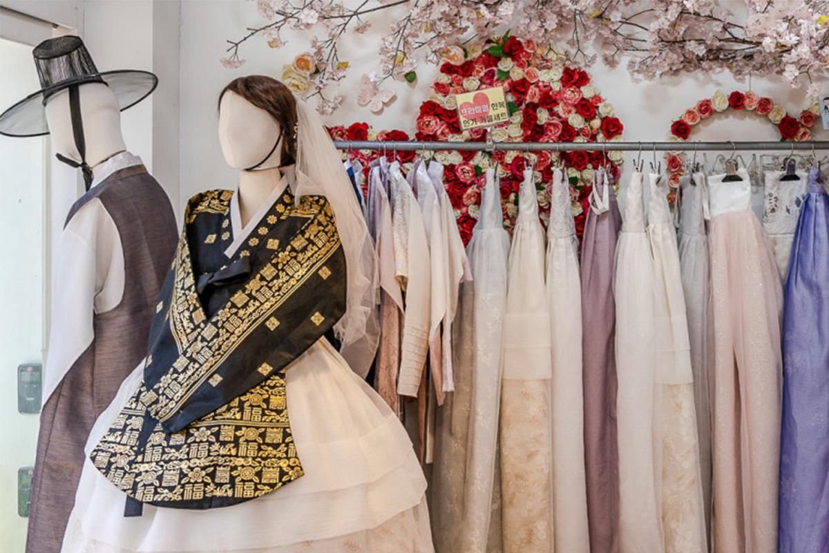 Traditional Korean hanbok clothing displayed at a rental facility in Seoul, enhancing cultural experiences for tourists.