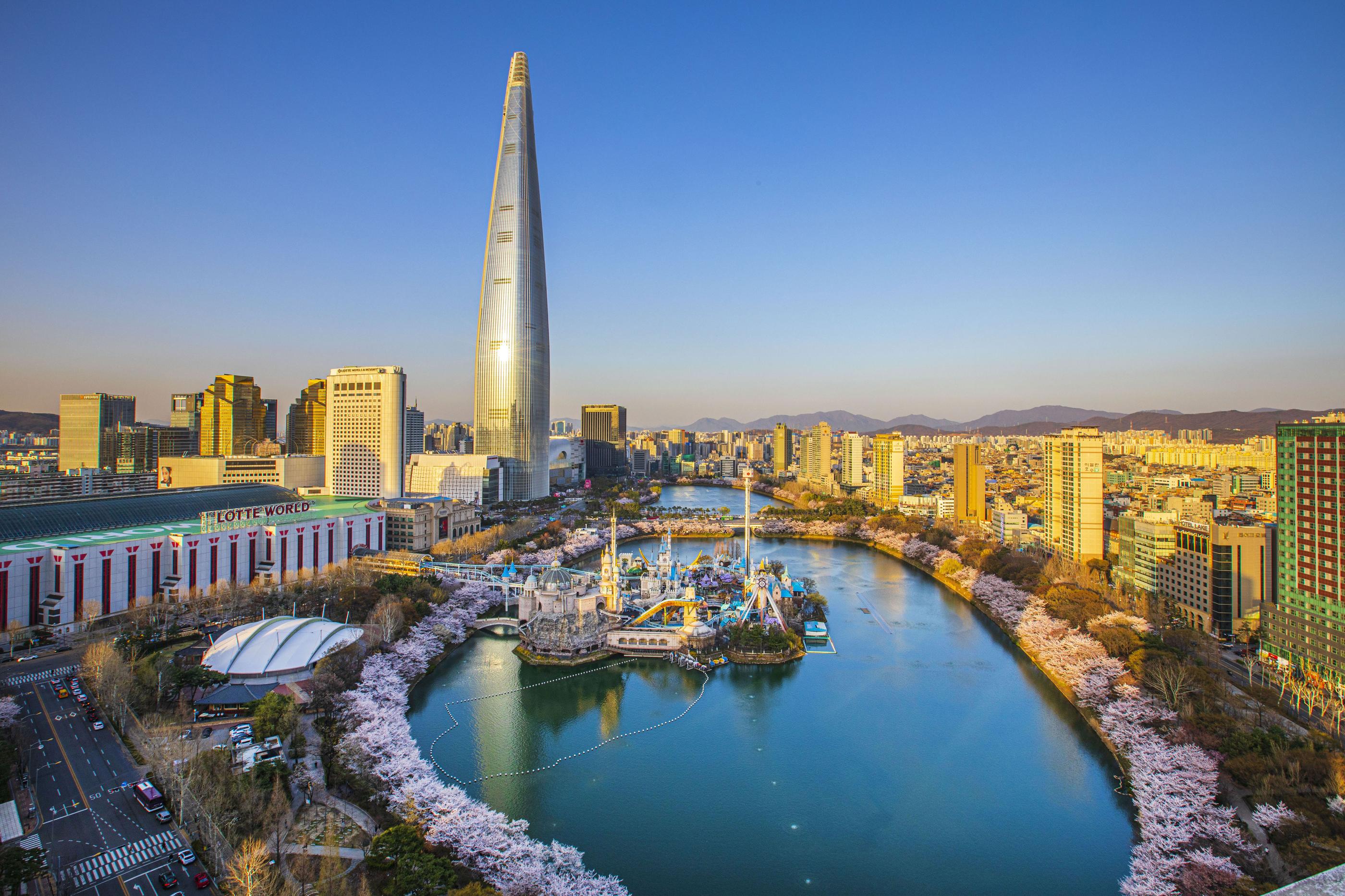 Lotte Tower overlooking Seoul cityscape and part of Seoul