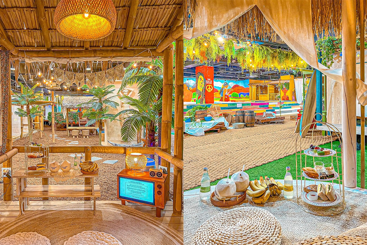 Interno scenico del Coconut Box Hongdae con tema Bali, decorato con piante tropicali e luci soffuse in stile esotico.