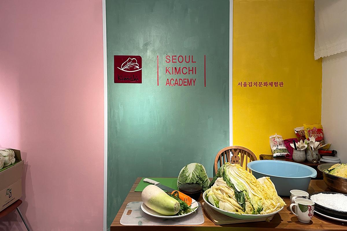 Ingredients and cooking utensils prepared for a kimchi making class at Seoul Kimchi Academy in Korea.