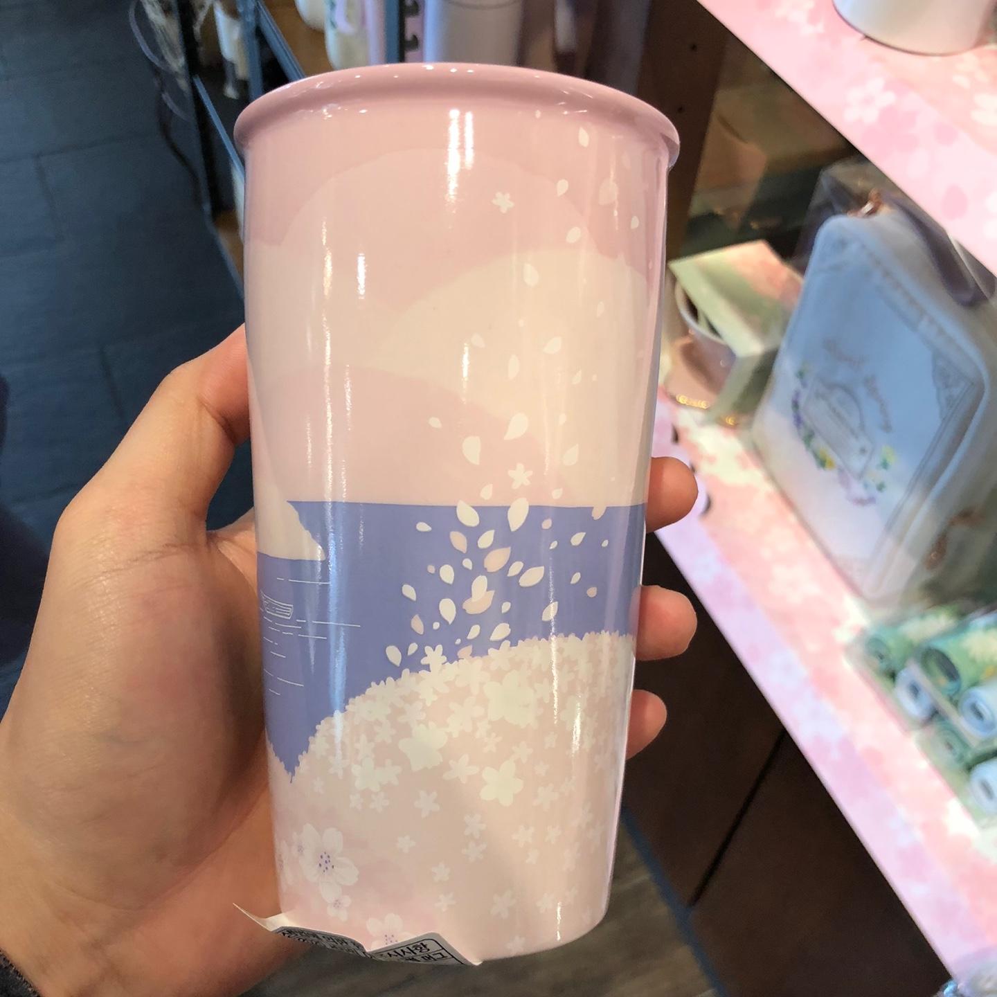 海邊櫻花景色設計355ml保温杯，微紫色大海配襯