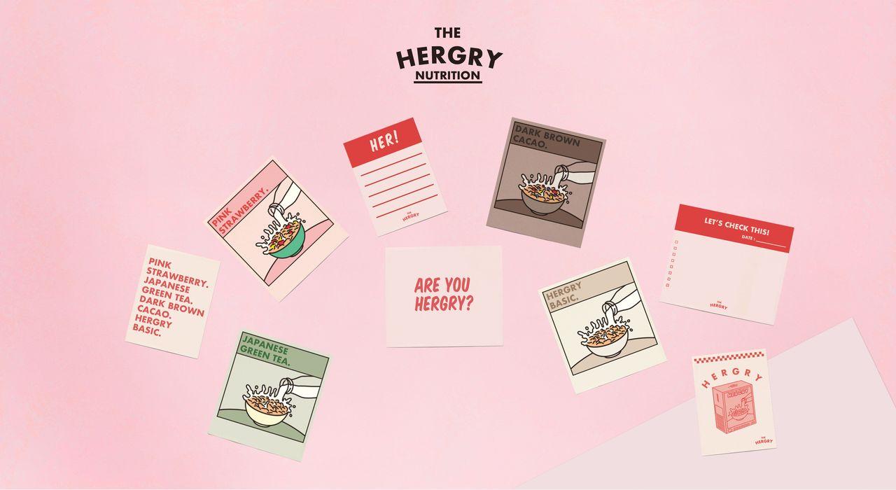 HERGRY健康代餐系列，各种味道选择和卡片设计，少女风十足。适合追求健康美味的女性用户。