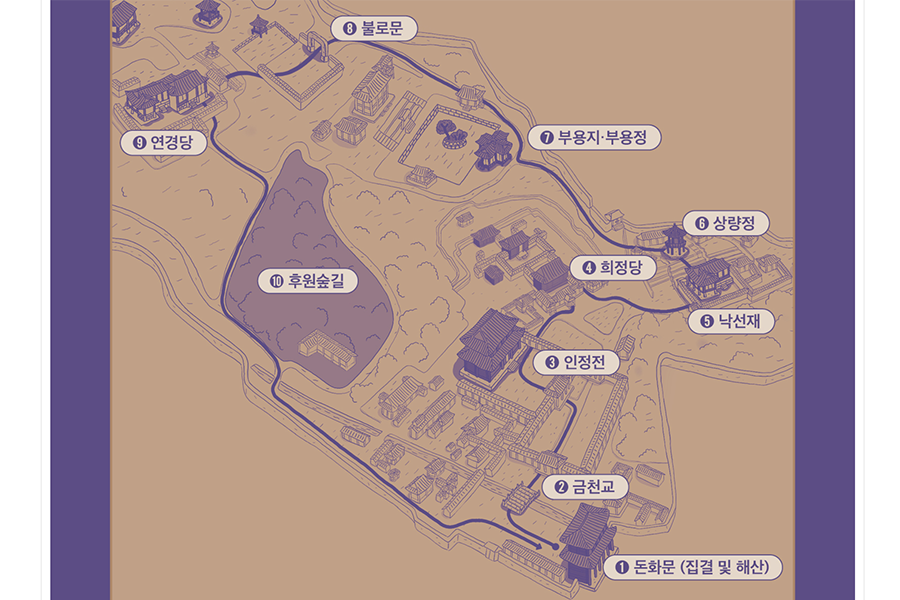 昌德宮夜間開放活動的導覽地圖，顯示參觀路線，包括秘苑和其他主要景點。