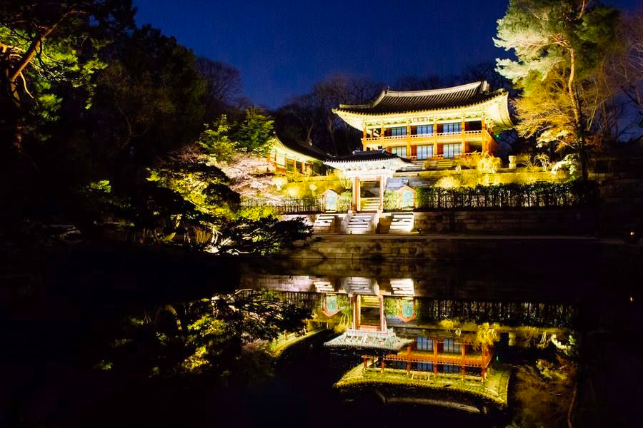 夜間照亮的昌德宮美景，宮殿在燈光映襯下顯得輝煌，反映在池水中，展現月光紀行的魅力。