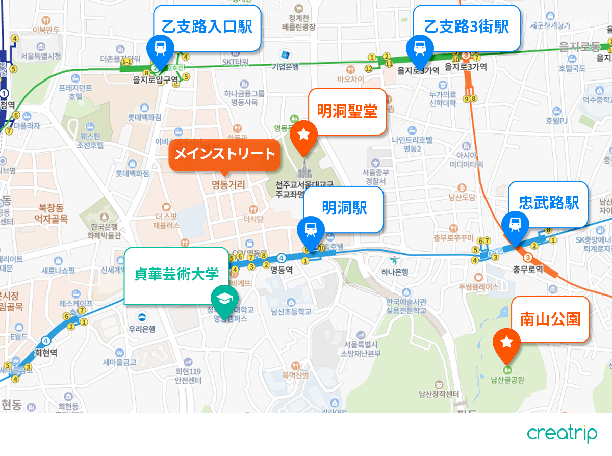 明洞エリアの観光マップ、主要スポットがわかる地図