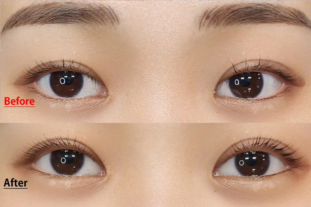 近距離顯示前後改變的睫毛，揭示釜山美甲店Chocobusy的卓越美睫技術效果。