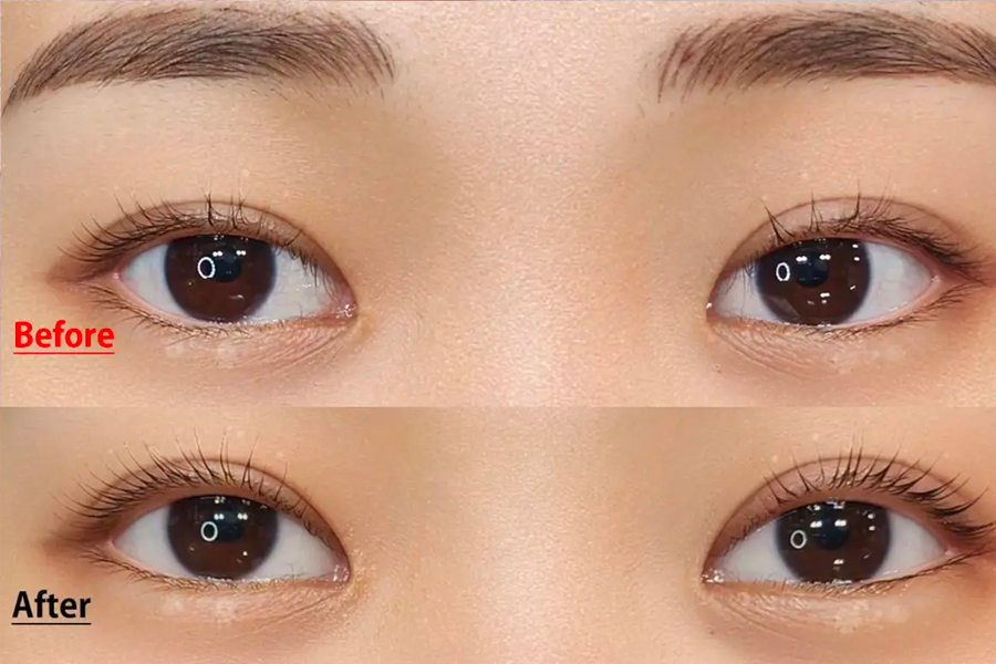 眼部美睫效果對比圖，展示Chocobusy Nail操作前後的睫毛改善，眼部顯得更加有神。