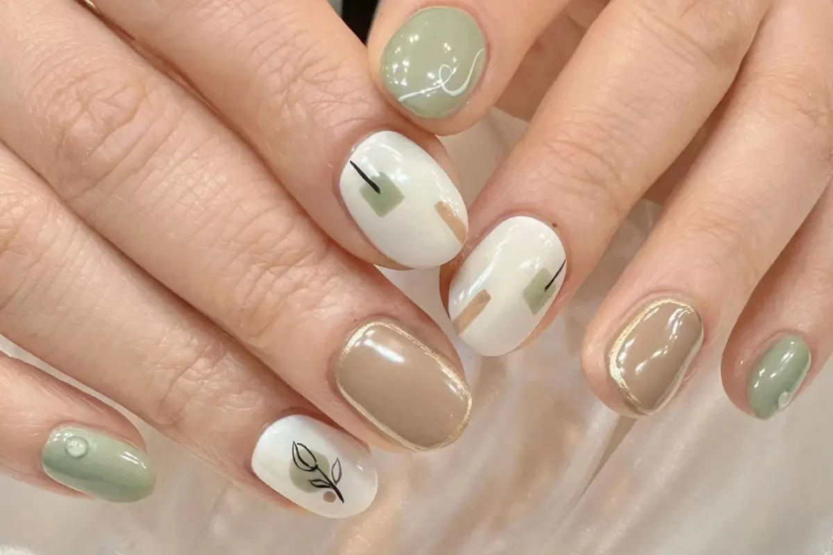手部美甲設計展示，淡雅的綠色和幾何圖案結合，充滿現代感和時尚感。