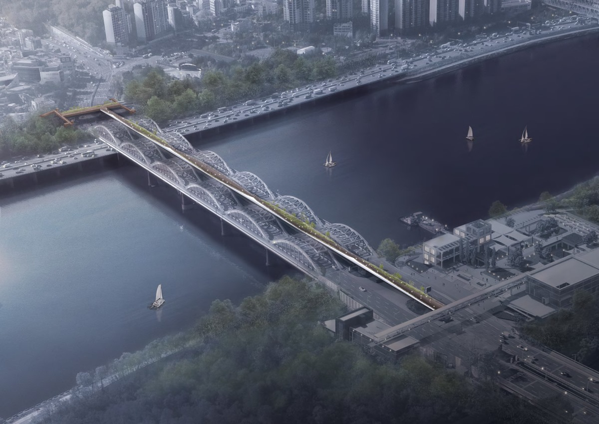 서울 시내에서 바라본 새로운 노들섬과 한강인도교 조감도 대만어: 看到首爾市內的鸚賛島和新韓江人道橋的鳥瞰圖