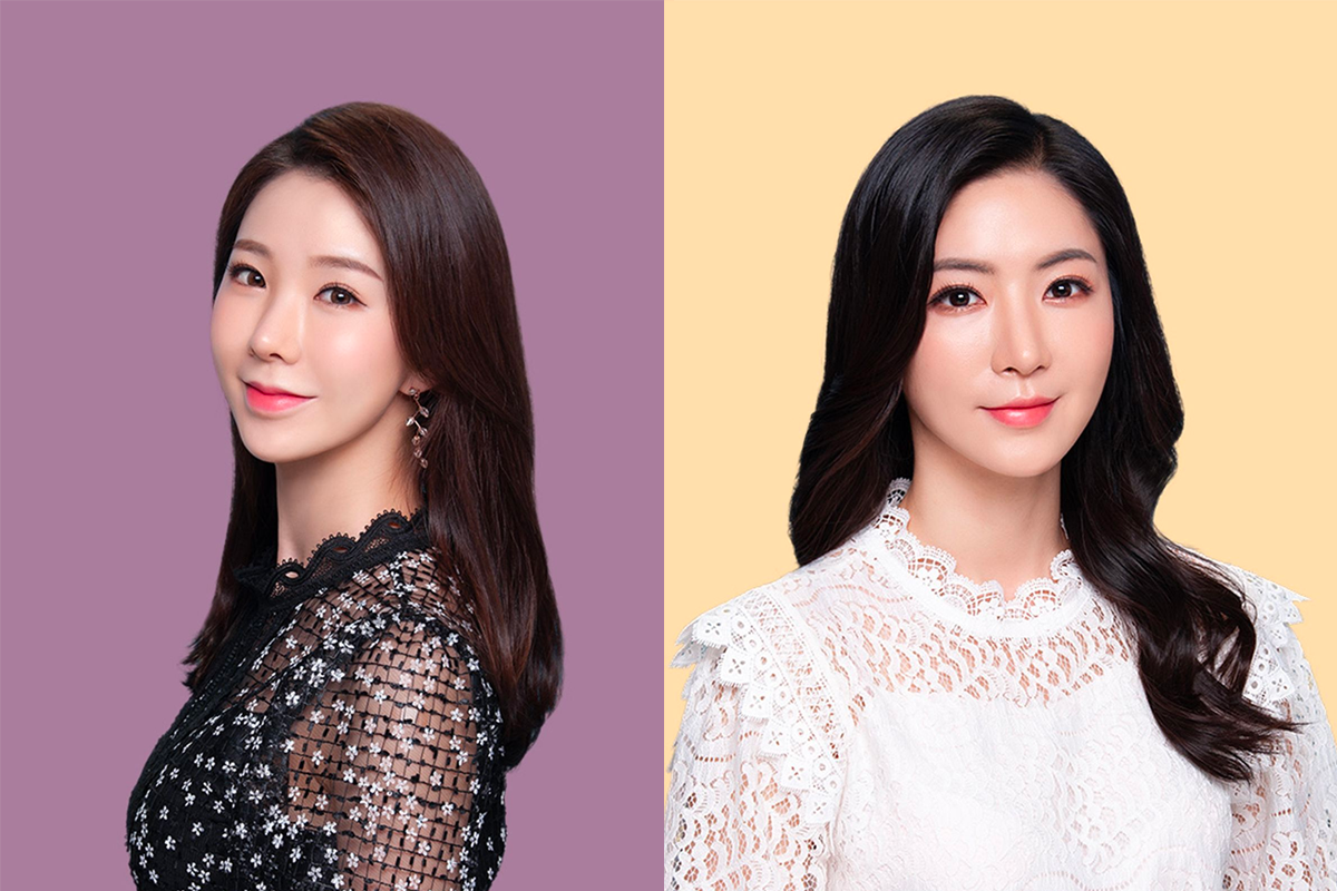 紫色和米黃色背景的女性形象照，呈現優雅與自信