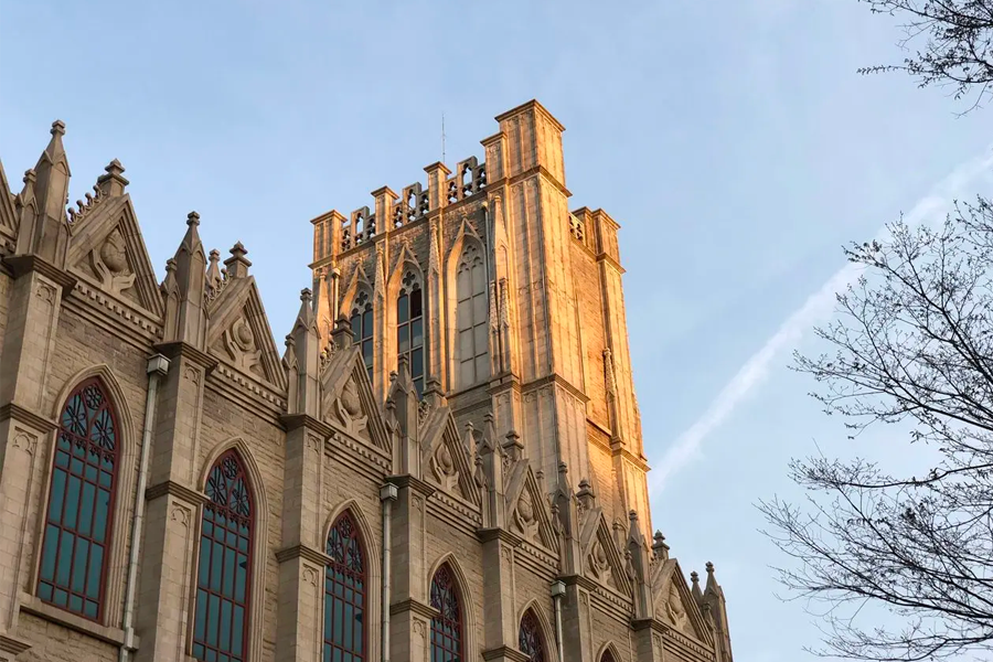 慶熙大學的古典歐式風格建築，在春天的夕陽中鎖住熱情的櫻花景緻