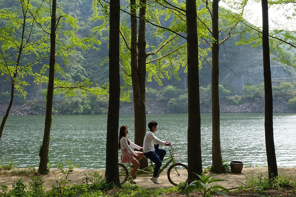 Coppia in bicicletta lungo la riva del lago sull'Isola di Nami, Corea del Sud