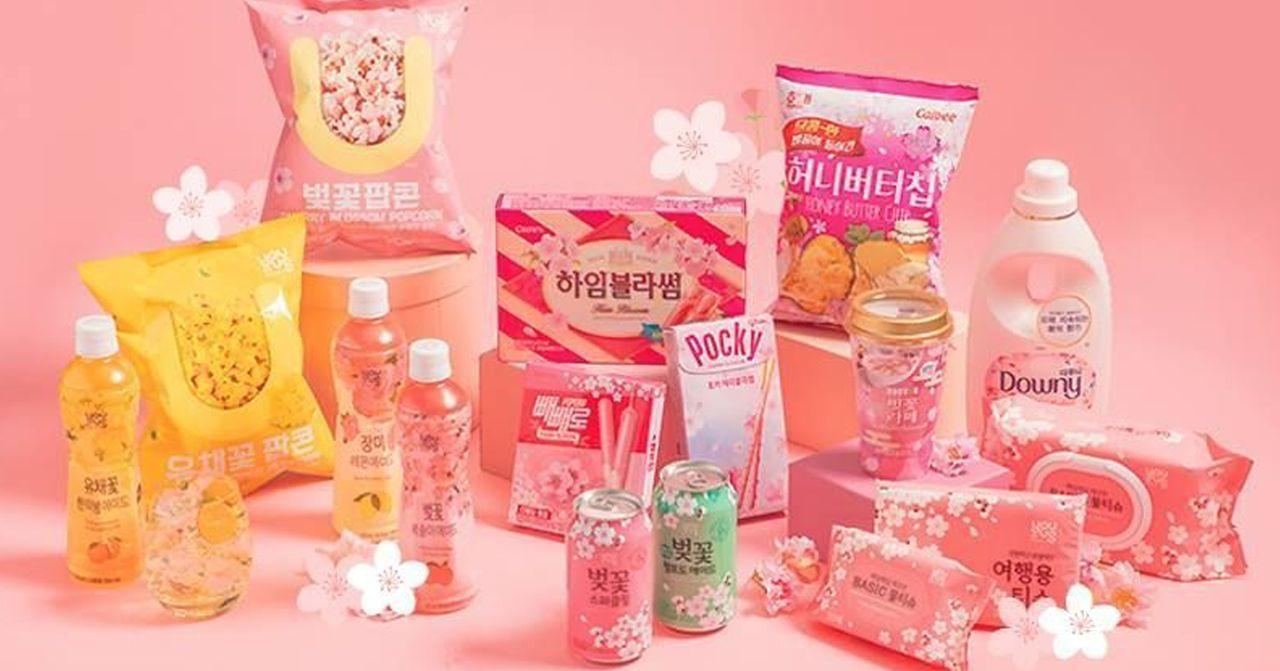 GS25便利店推出的春季花卉主题零食，粉色包装和樱花特色设计。