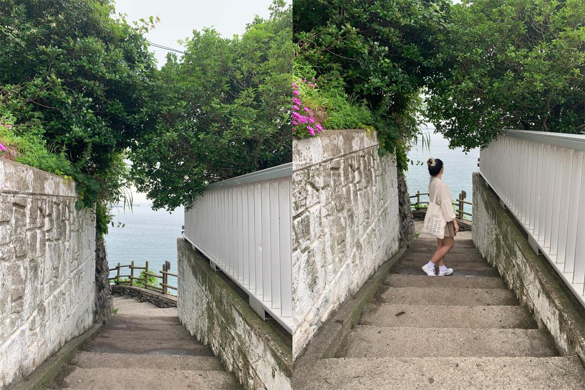 The stairs in ocean backdrop that people take photos on