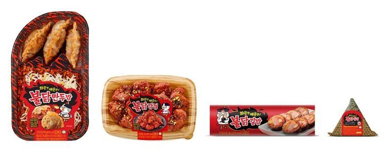 各种Samyang火鸡品牌食物，包括饺子、炸鸡、饭卷和三角饭团，吃货必试组合。
