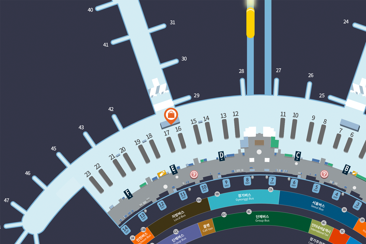 仁川機場第1航廈入境區地圖，顯示16至17號行李提領區的位置