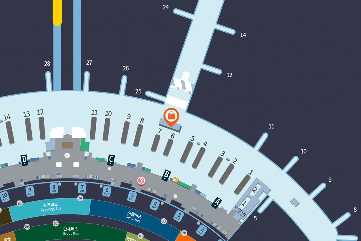 仁川機場第1航廈入境區地圖，顯示6至7號行李提領區的位置