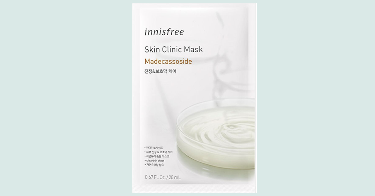 Innisfree積雪草面膜包裝，呈現白色底面配上中央碗狀祥雲圖案，適合敏感肌膚使用的舒緩面膜。