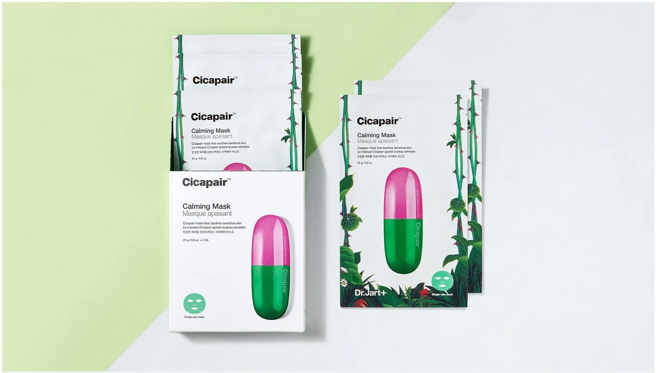 Dr.Jart+積雪草面膜包裝，適合敏感肌膚的舒緩產品，強調鎮靜效果。