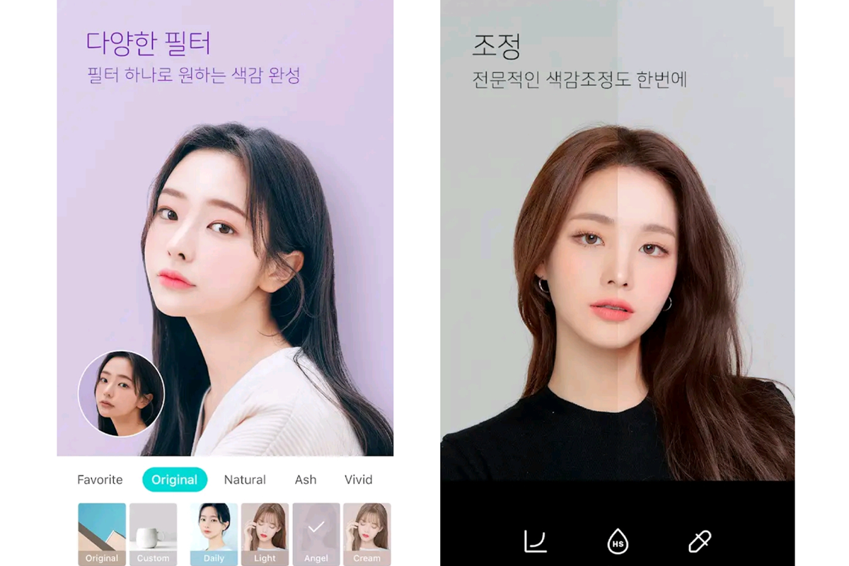 使用SNOW應用程式可應用多種濾鏡和調色功能的介面