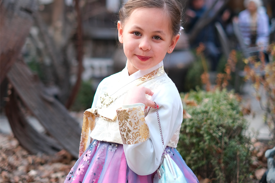 Children's hanbok set designed with vibrant colors and cute patterns, ideal for young visitors at Princess Hanbok rental.