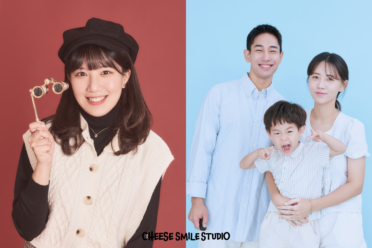 一位女士在Cheese Smile Studio的個人拍攝，背景為紅色，穿著貝雷帽及黑色毛衣。