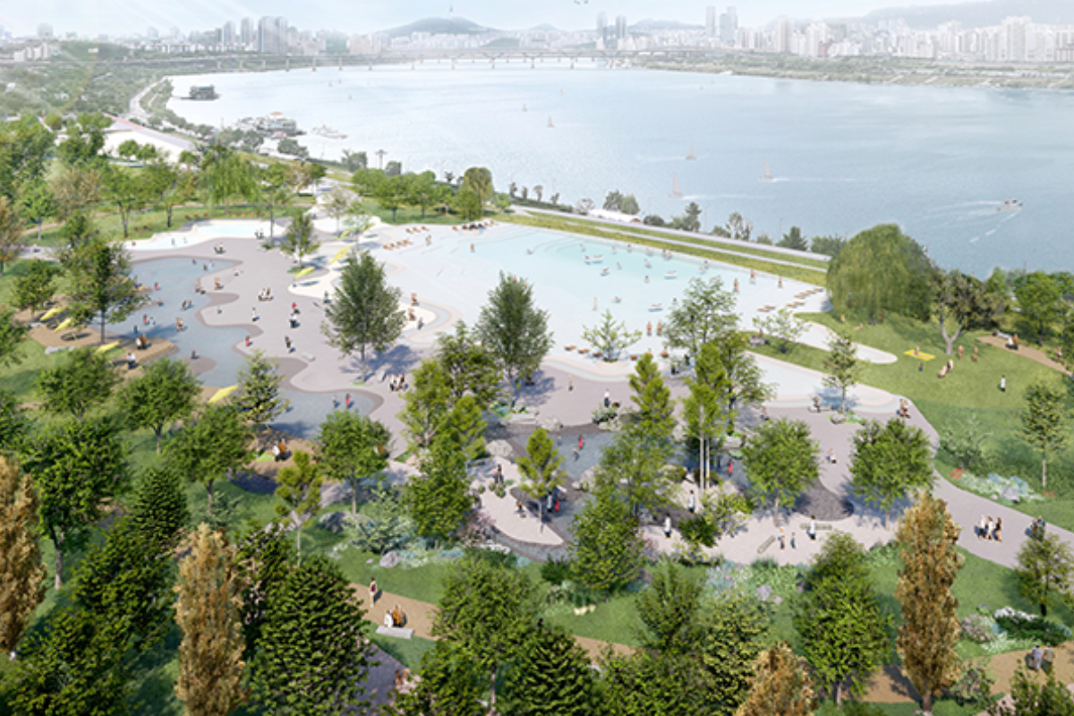 蠶室水上樂園景觀圖，展示了項目重新改造後的嶄新面貌，從公園綠地到水上設施，遊客可先睹為快並規劃遊玩路線。