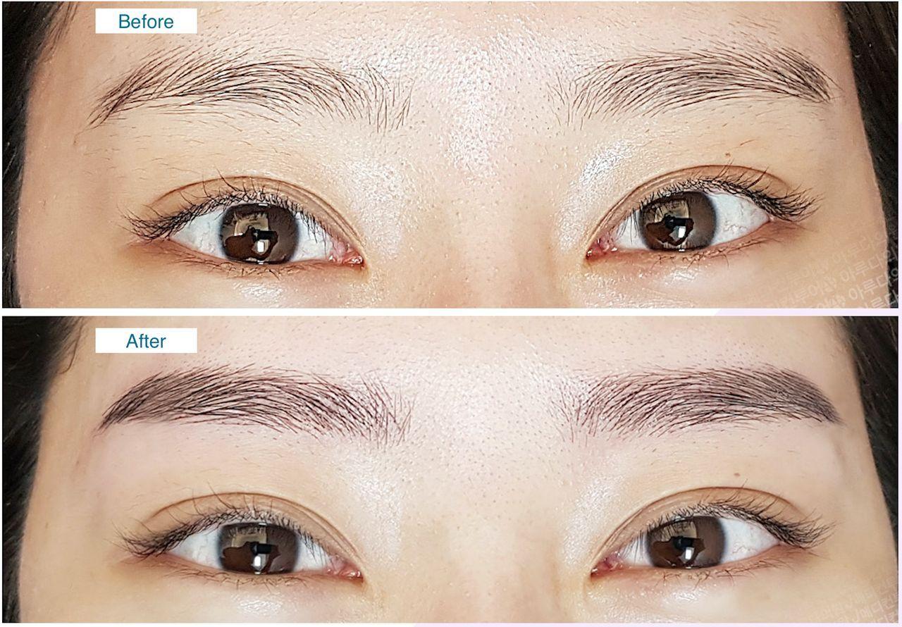 Before and after results of a successful semi-permanent eyebrow treatment at Juliet Beauty in Busan.