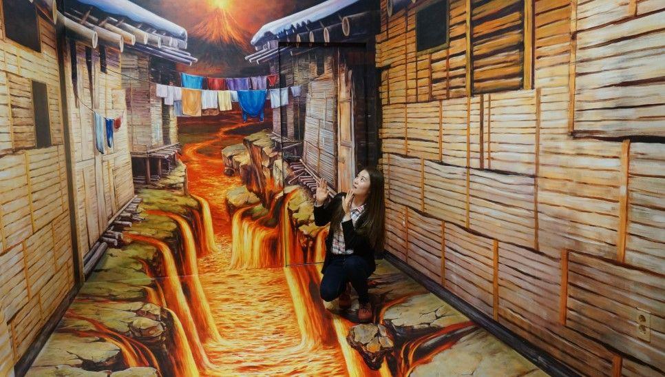 特麗愛美術館內部的AR藝術區, 展示街道與火山熔岩的生動3D畫面