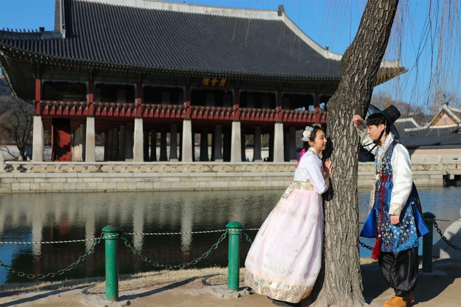 穿著韓服的情侶在首爾景福宮的樹下合影