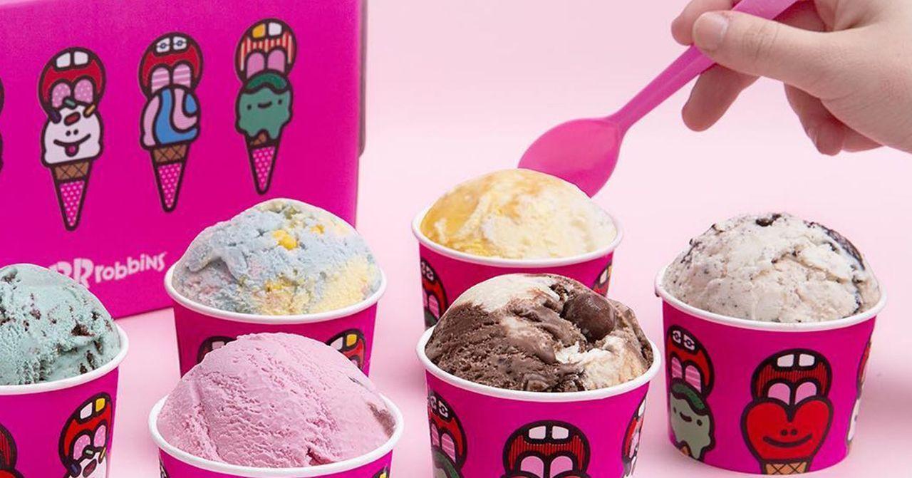 Baskin Robbins多种口味冰淇淋杯，丰富口感选择，图案设计有趣，令人垂涎。