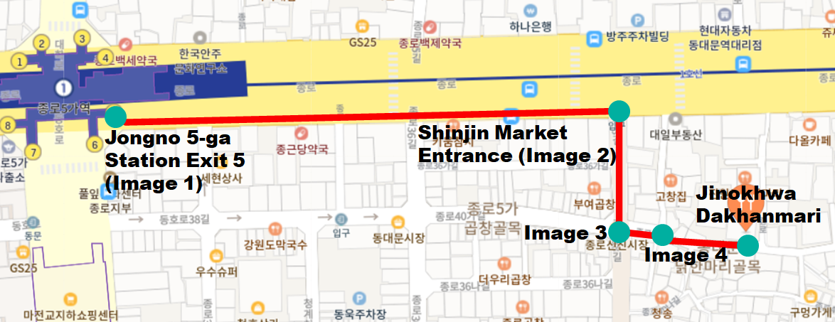 Map illustrating directions from Jongno 5-ga Station Exit 5 to Jinokhwa Dakhanmari restaurant in Dongdaemun, passing through Shinjing Market.