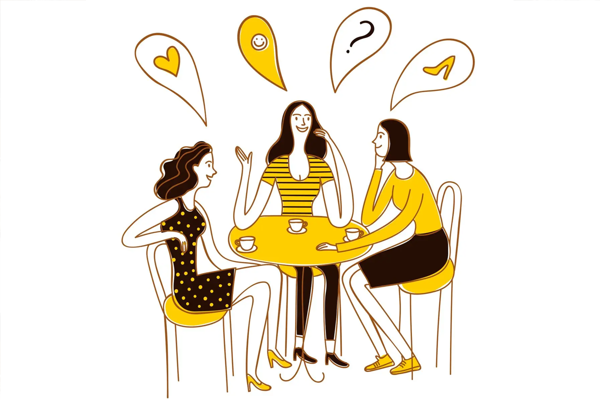 插图中的女性聚会场景，反映出韩国咖啡厅作为社交活动中心的角色。