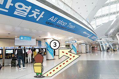 Khu vực ga 'tàu dừng tất cả' tại Sân bay Incheon, với các biển chỉ dẫn rõ ràng cho khách.