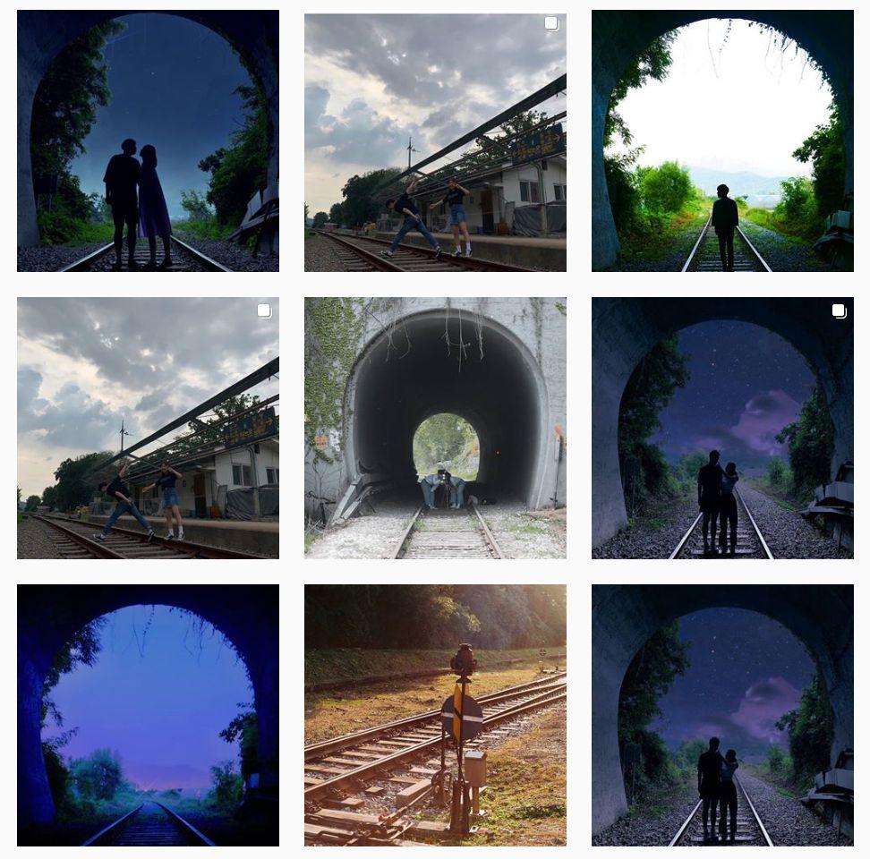 Montage de photos Instagram montrant des poses artistiques dans le tunnel de la gare de Byukje.