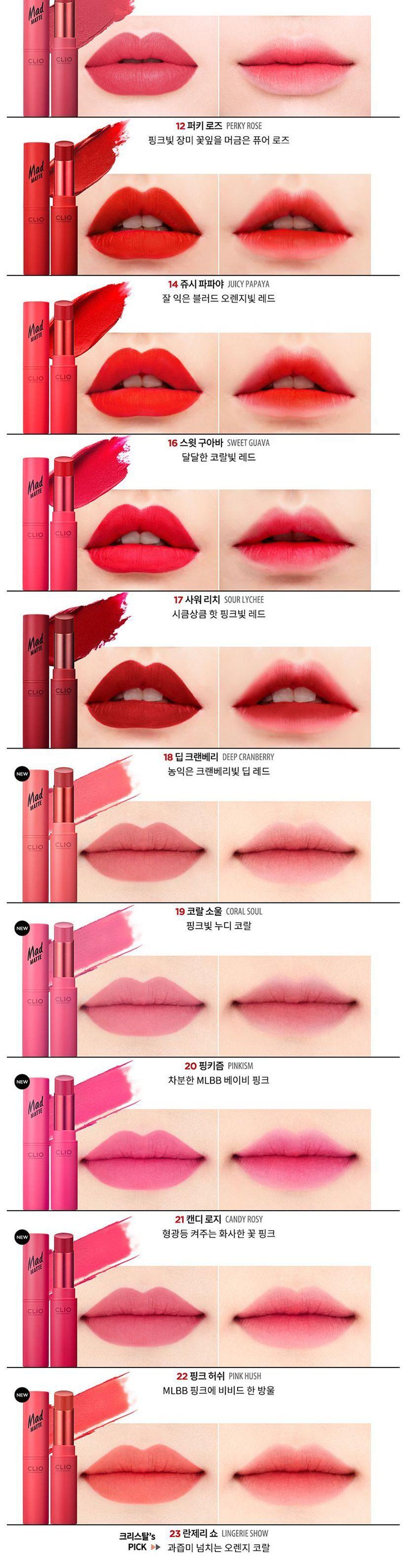 Clio Mad Matte Lips唇膏多色展示，包括MELLOW ROSE、CRIMSON ROSE、DOLCE ROSE等色系。