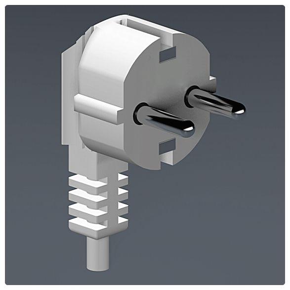 Image of a Type F plug with two round prongs and a grounding pin, compatible with Korean electrical outlets.