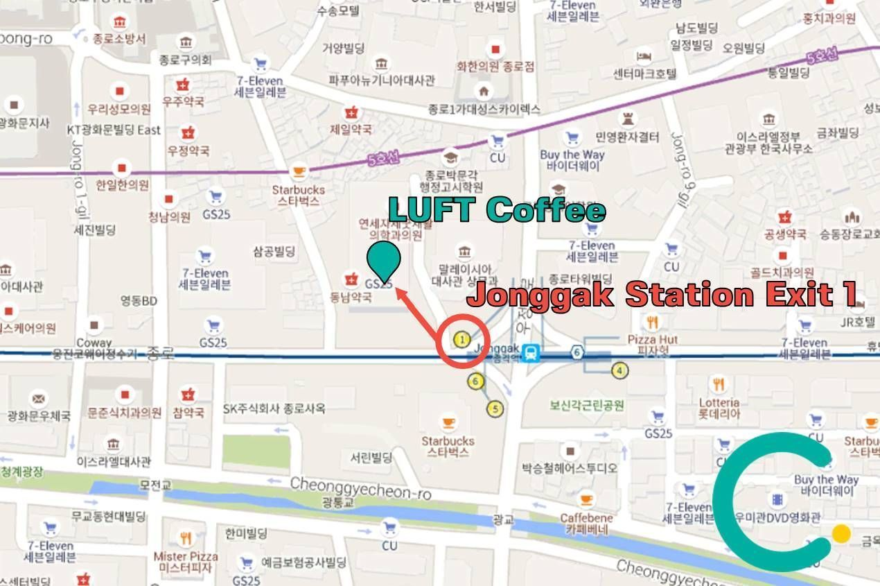 韓國首爾鐘閣站1號出口至Luft Coffee的地圖指南，標示出咖啡廳的具體位置。