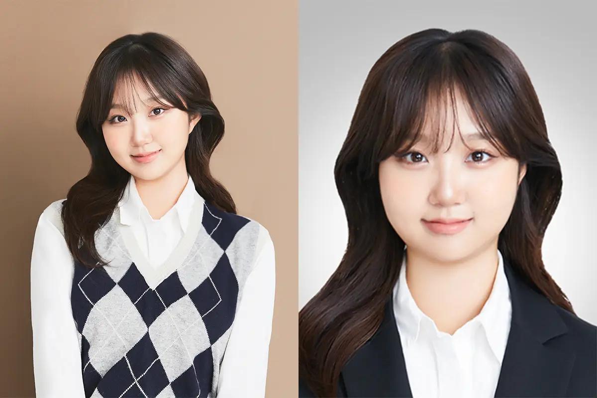 韓国の証明写真とプロフィール写真の例で、二人の女性が異なる背景で撮影されている。左はカジュアルな服装、右はフォーマルな服装。